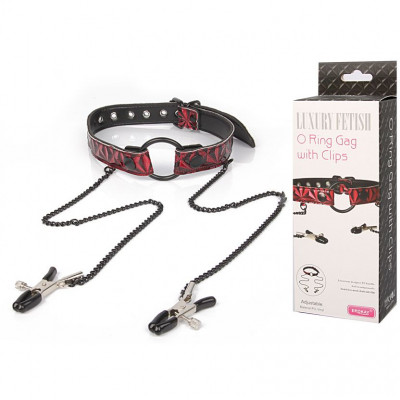 Кляп-кольцо с зажимами на соски O Ring Gag With Clips арт. EK-3109 красный