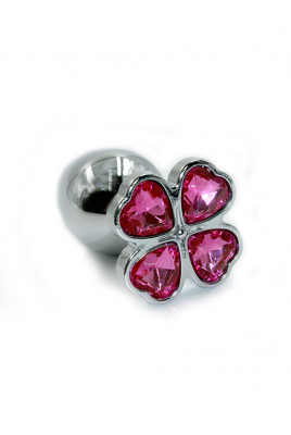 Серебряная анальная пробка с розовым стразом в форме клевера Kanikule арт. KL-AL031S