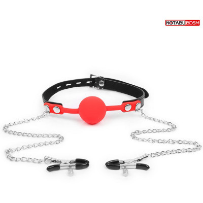 Кляп силиконовый на ремешках с зажимами на соски арт. NTB-80541