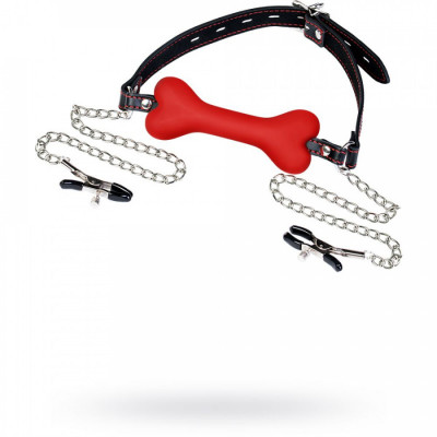 Кляп-трензель в виде косточки с зажимами для сосков TOYFA Theatre арт. 708027