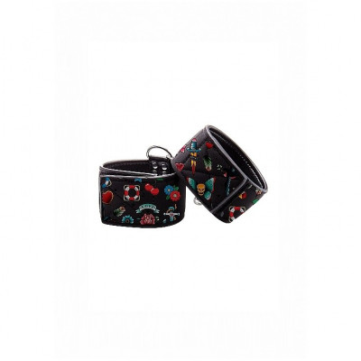 Черные кожаные наручники на цепочке Printed Hand Cuffs Old School Tattoo Style арт. OU446BLK