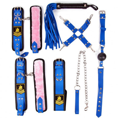 Набор для БДСМ из наручникв, оков, ошейника с поводком, кляпа, плети и фиксатора арт. NTB-80479