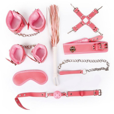 Набор (наручники, оковы, ошейник с поводком, кляп, маска, плеть, фиксатор) цв розовый арт. NTB-80489