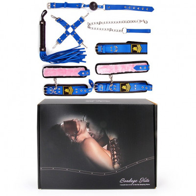 Набор (наручники, оковы, ошейник с поводком, кляп, плеть, фиксатор) синий арт. NTB-80479